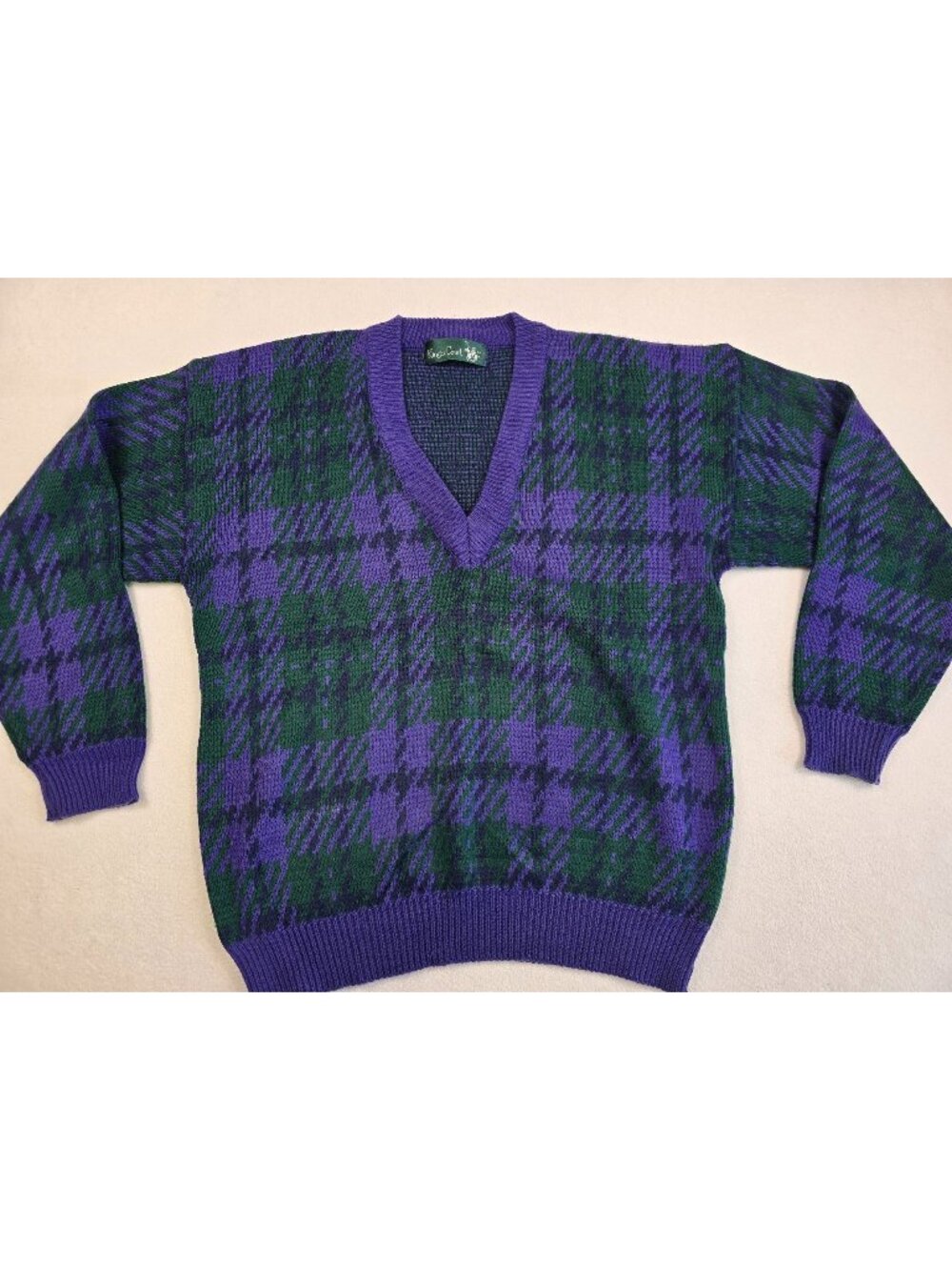 Vintage Kings Court Mens Purple & Green Plaid V-Neck 90s Grandpa Sweater Size L